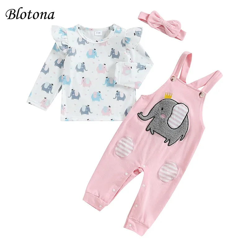 

Blotona Baby Girls Clothes Set Dinosaur Print Long Sleeves Tops and Elephant Print Suspender Pants Headband Fall Outfits 0-24M