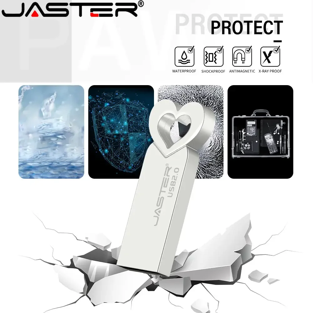 JASTER High Speed USB Flash Drives 64GB 100% Real Capacity Pen Drive 32GB Mini Heart Metal Memory Stick Creative Business Gifts