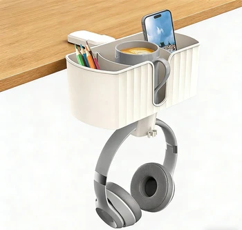 Organizer da scrivania 4 in 1 - Portabicchieri e porta cuffie da appendere sotto la scrivania con 2 fori per cavi - Gancio girevole, per bicchiere, telefono e penna