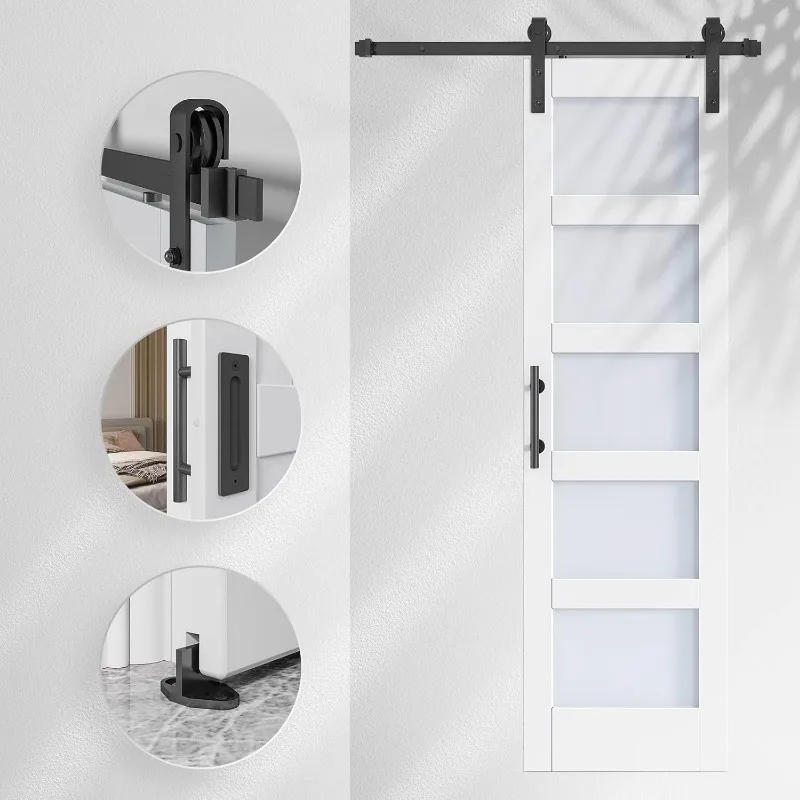 Glass barn door with 4ft sliding door hardware kit, solid LVL wood covering waterproof and scratch resistant 3