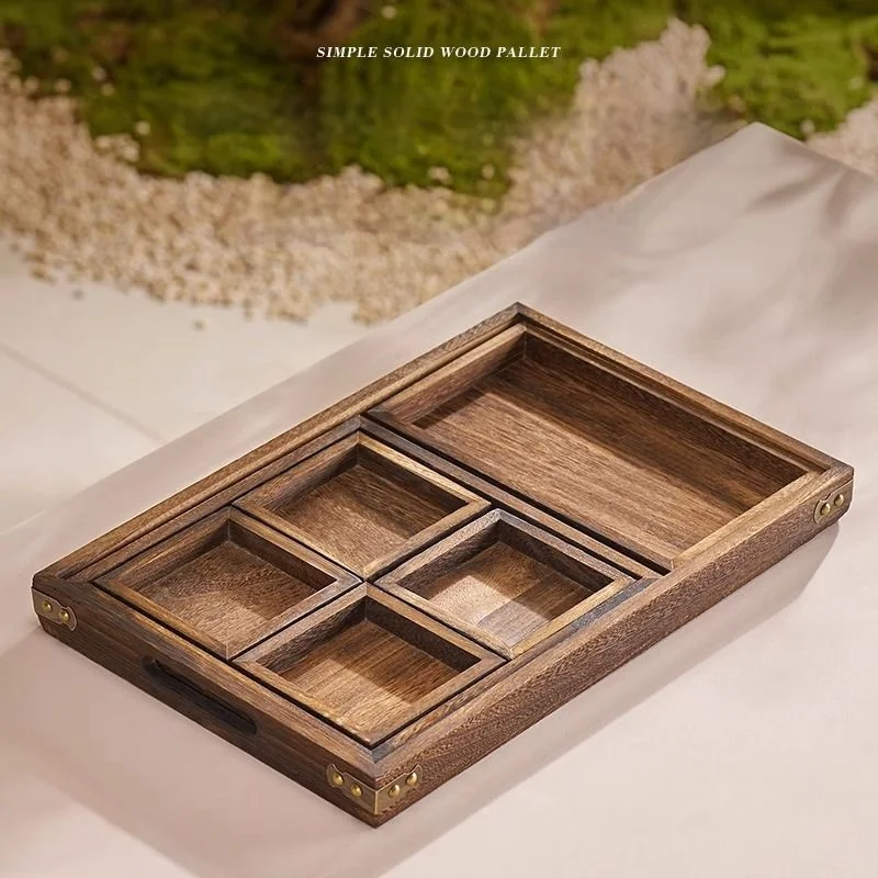 GIANXI Dry Fruit Tray Afternoon Tea Tray Snack Fruit Tray multi-lattice Tea Tray Stove Side Tea Chinese Wooden Tray 5