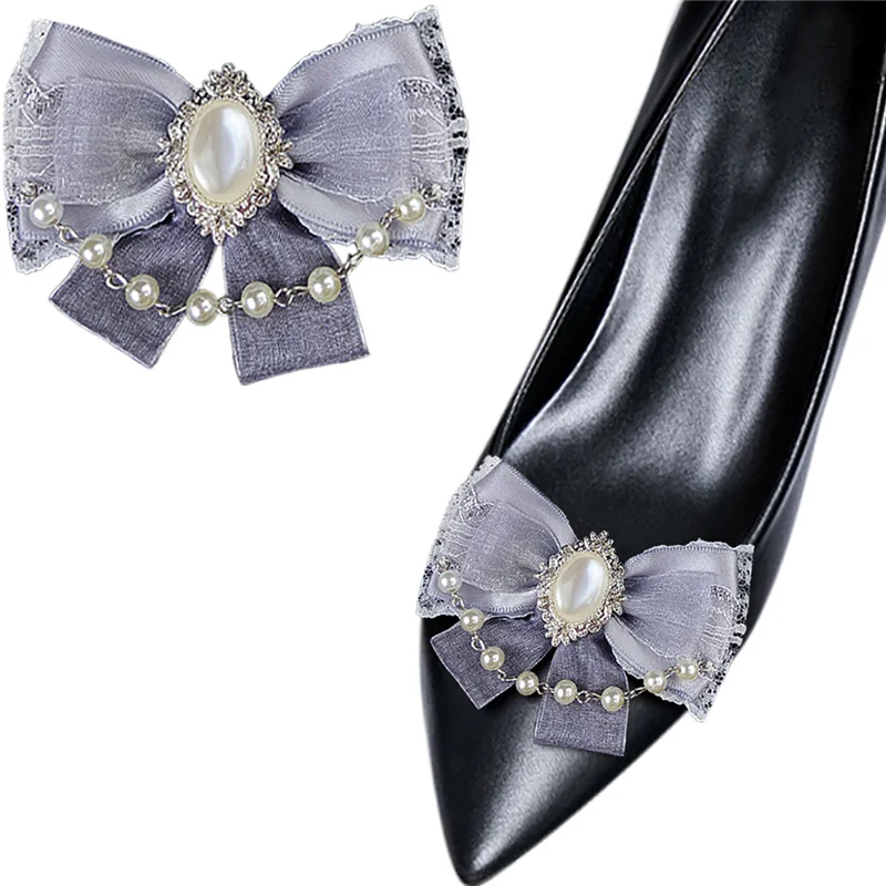

Fashion Bow Shoe Clips Grey Shoe Decoration Pearl Chain Shoe Embellishment Ladies High Heel Shoe Buckle DIY Accessories 2 Pcs