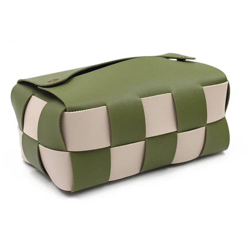Checkerboard Woven Tissue Box Waterproof PU Leather Tissue Storage Box Square Car Tissue Organizer Desktop Home Decoration 6