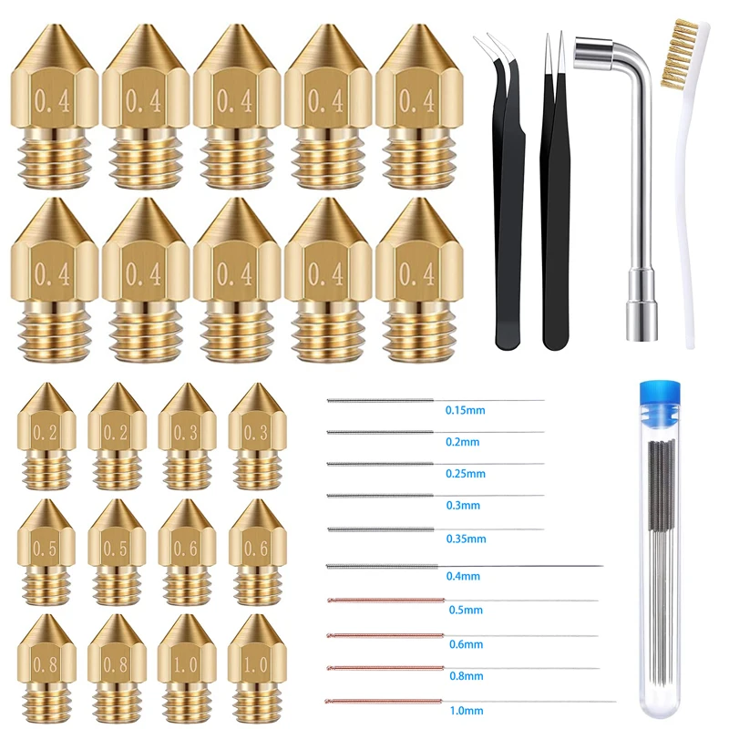

22Pcs MK8 Nozzles Multiple Sizes with Tweezer Wrench Brass Brush Cleaning Needles for Makerbot Creality CR 10 Ender 3 5 KP3S Pro