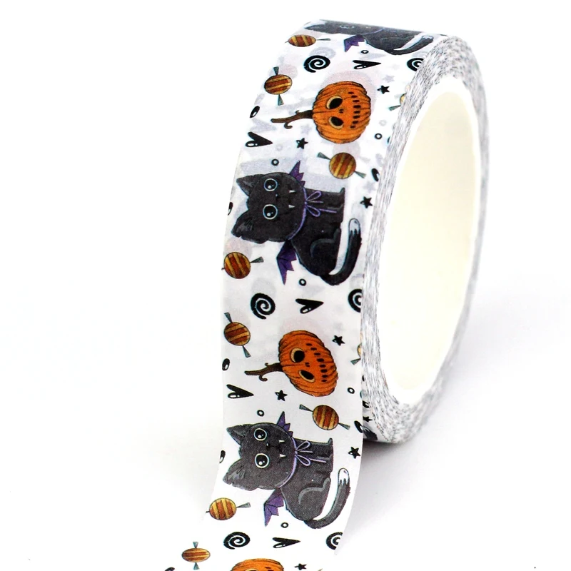 2023 NEW 1PC 10M Decorative Halloween Black Cat & Pumpkin Washi Tape for Planner Adhesive Masking Tape Cute Stationery 2