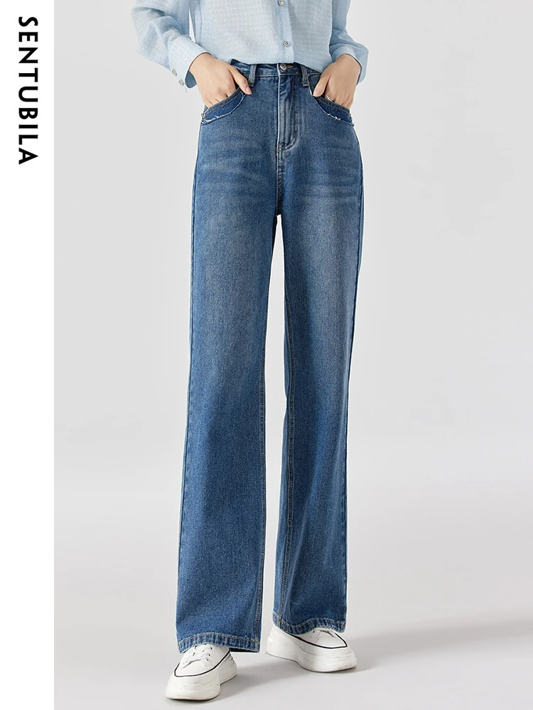 

Sentubila Fashion Blue Vintage Jeans for Women 2023 Spring Button Fly Thin Straight Leg High Waist Denim Pants Casual Trousers