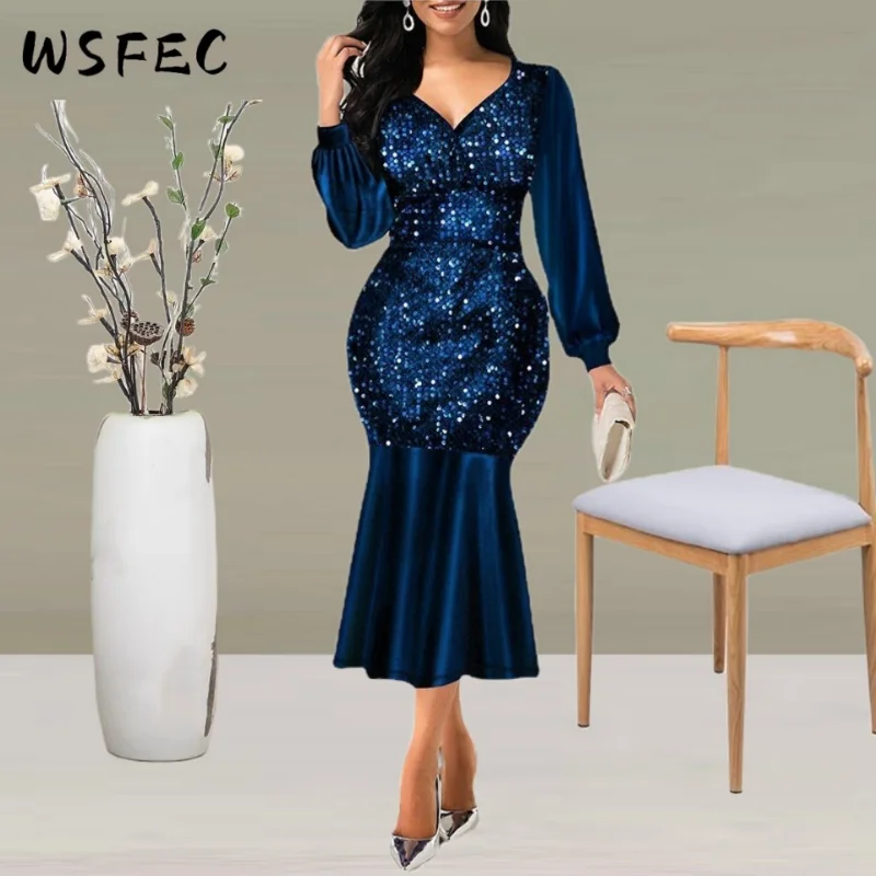 

WSFEC S-5XL 2022 Winter Fall Outfits Solid Sequin Long Sleeve V Neck Noble Elegant Party Evening Dresses for Women Clothing