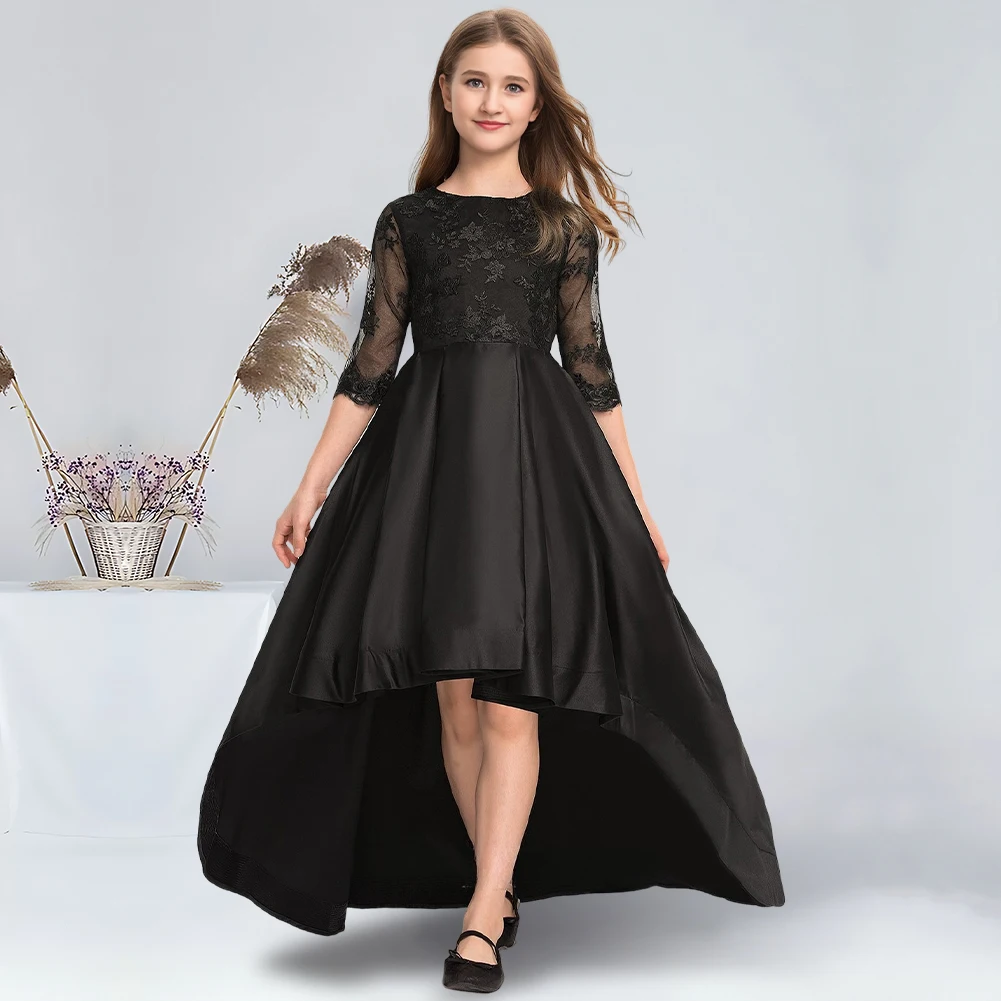 

A-line Scoop Asymmetrical Lace Satin Junior Bridesmaid Dress Black Flower Girl Dress for Wedding Dresses For School Dance Teens