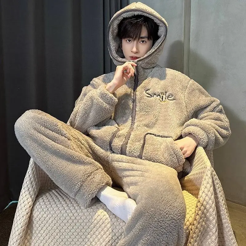 Autumn Winter Men Pajamas Coral Fleece Fleece-lined Thickened Male Nightgown Suit Flannel Hooded Large Size Warm Homewear Sets