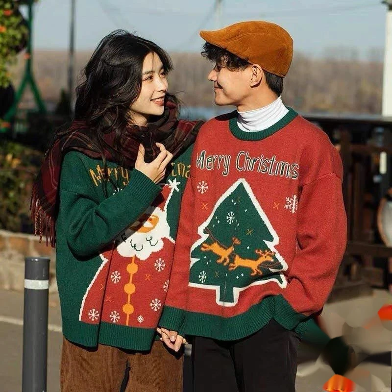 Weihnachtspullover für Männer und Frauen, Paar-Outfit, vielseitig für Herbst und Winter, locker sitzender Pullover für draußen_voghion.com
