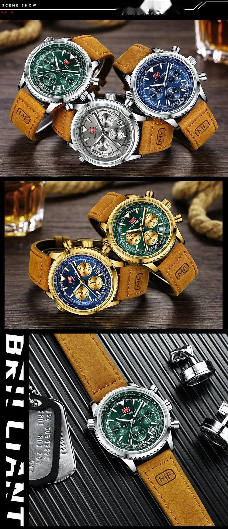 Novo mini foco relógio masculino casual multi funcional relógio de quartzo aviação cronometragem relógio masculino cinto real 0463g_voghion.com