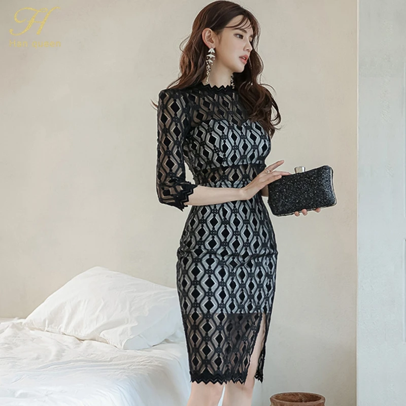 H Han Queen 여성용 섹시한 패치워크 펜슬 바디콘 드레스, 할로우 아웃 시스루 레이스 드레스, OL 파티 드레스, 봄 ...