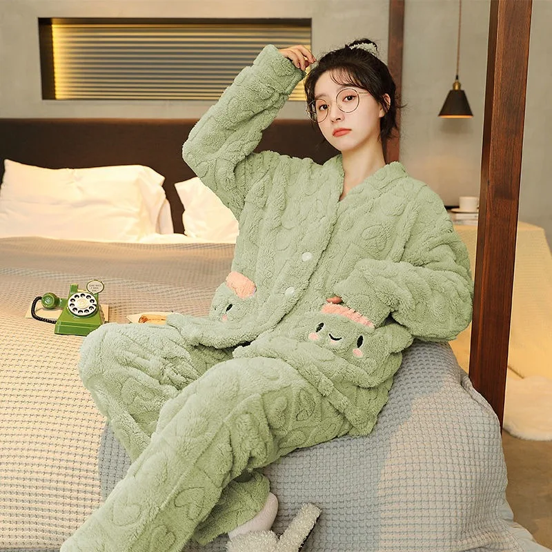 2024 New Coral Velvet Pajamas Women Winter Plus Fleece Thick Sleepwear Leisure Cardigan Sweet Lovely Nightwear Autumn Homewear
