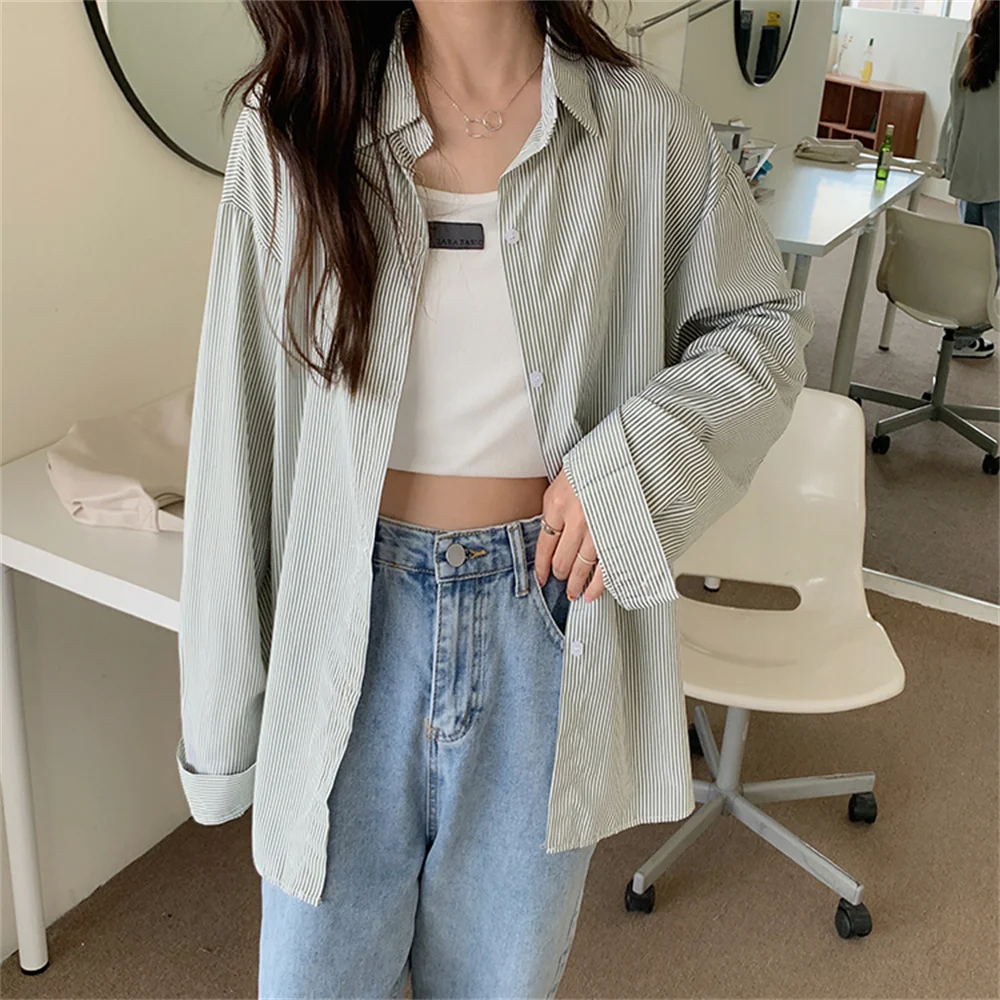 

PLAMTEE 2022 Autumn Stripes Shirts Women Loose Casual Korean OL Stylish Office Lady All Match Streetwear Full Sleeve Tops