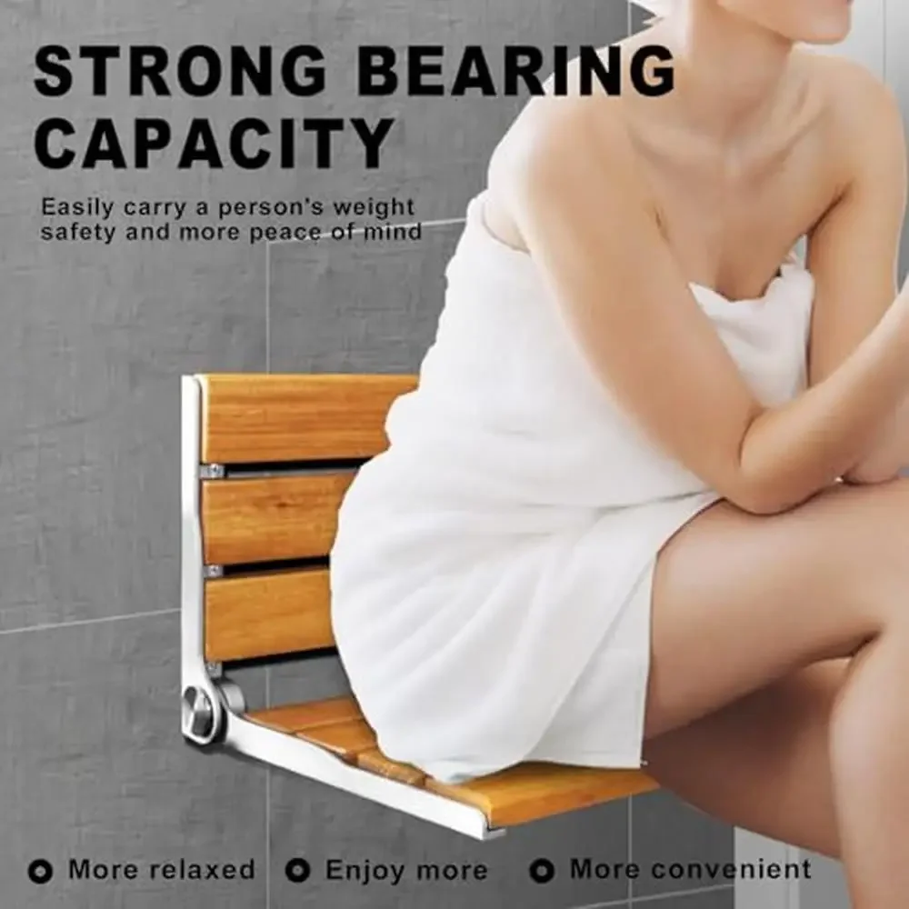 Teak Shower Bench Wall Mounted Grab Bar Folding Seat Rust Resistant Armrest Bathroom Stool 17.52in ergonomic Design Wet Room