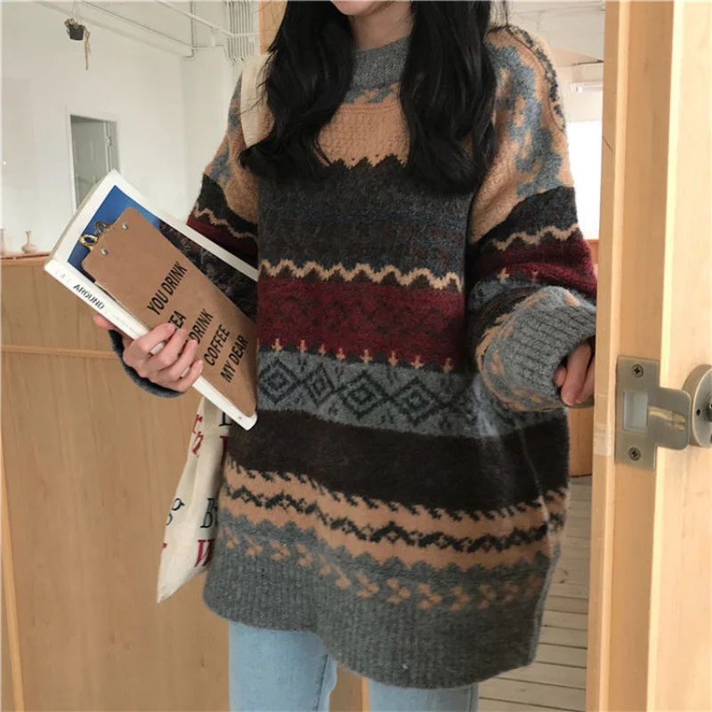 

Women Casual Loose Sweater New Vintage Sweater Women's Pullover Winter Striped Pullover Korean Version Loose Pullover Knitted