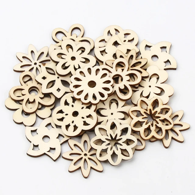 20pcs Wooden Embellishments Flower Shape Cutouts DIY Scrapbooking Crafts  Wooden Discs Wood Slice Ornament Home Decoration