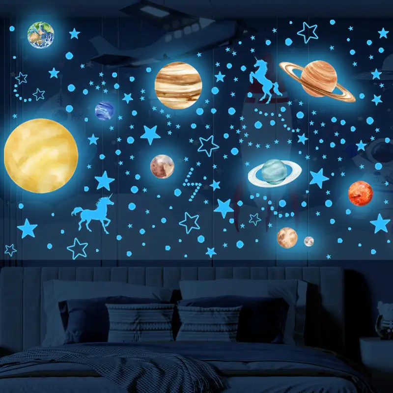 Glow in The Dark Unicorn Wall Stickers Stars Decal Glowing Ceiling Planets Shinning Space Gift for Boys Girls