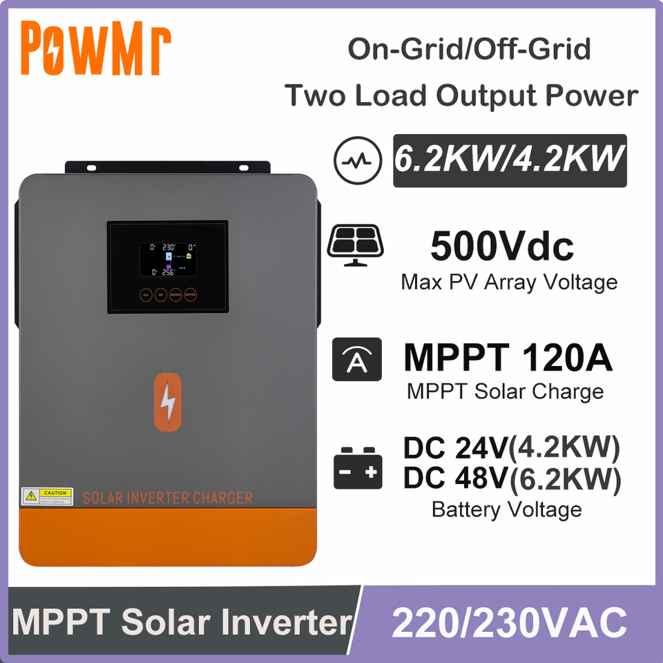 PowMr 6.2KW 4.2KW Hybrid Inversor With 120A MPPT Solar Charger Controller DC 24V 48V To 230V AC Pure Sine Wave On-Grid Inverter