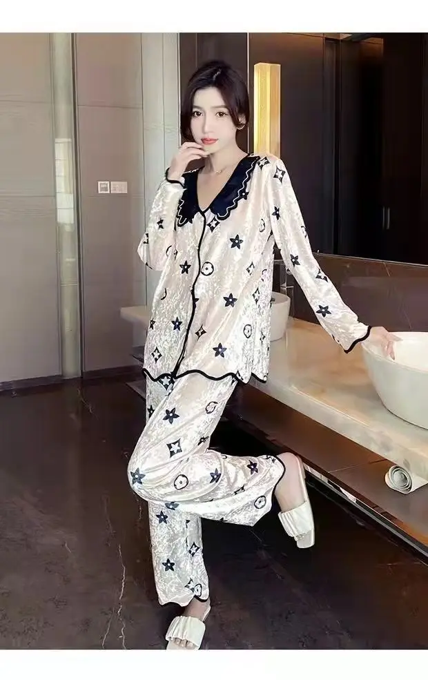 Golden Velvet Sleepwear Korean Style Set Clothes For Women Nightwear For Ladies Long Sleeve Pyjama Suit Nightie Loungewear