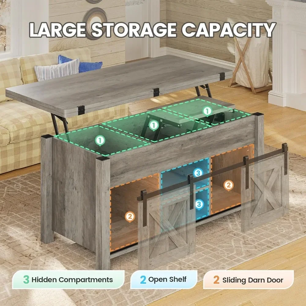 Lift Top Coffee Table, 4 in 1 Multi-Function Convertible Coffee Tables with Storage and Hidden Compartment, Farmhouse Cof