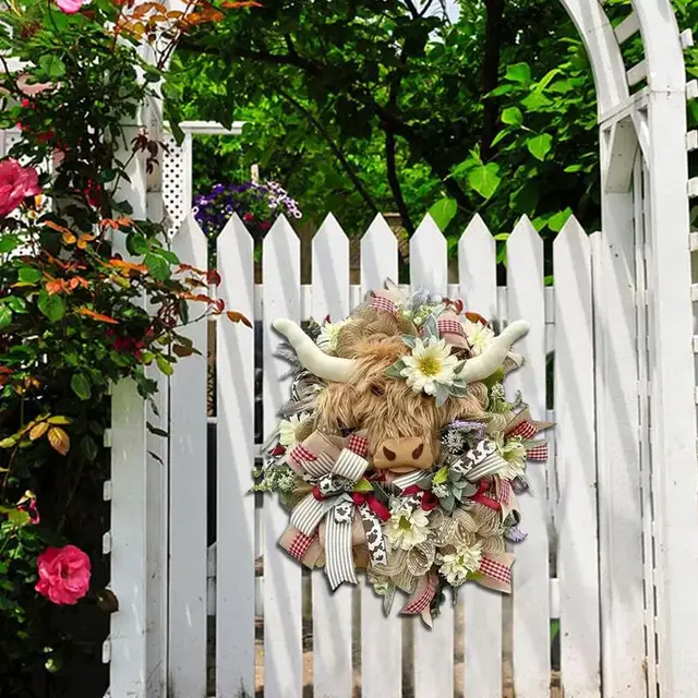 Tehén Bejárati Ajtó Koszorú Fa Íjak A Fej Tavaszi Elülső Tornác Dekoráció Highland Fejek Rögzítéséhez - Image 3