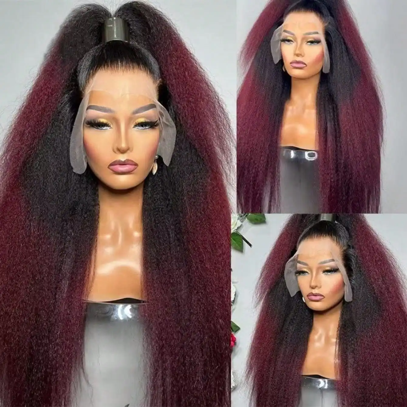 13x4 Kinky Straight 1B 99J Burgundy Colored Human Hair For Women 200% Transparent Lace Front Wig Pre Plucked yaki Straight Wig 1