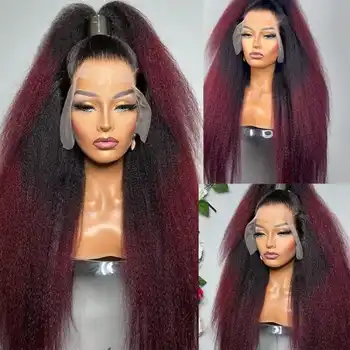 13x4 Kinky Straight 1B 99J Burgundy Colored Human Hair For Women 200% Transparent Lace Front Wig Pre Plucked yaki Straight Wig 1