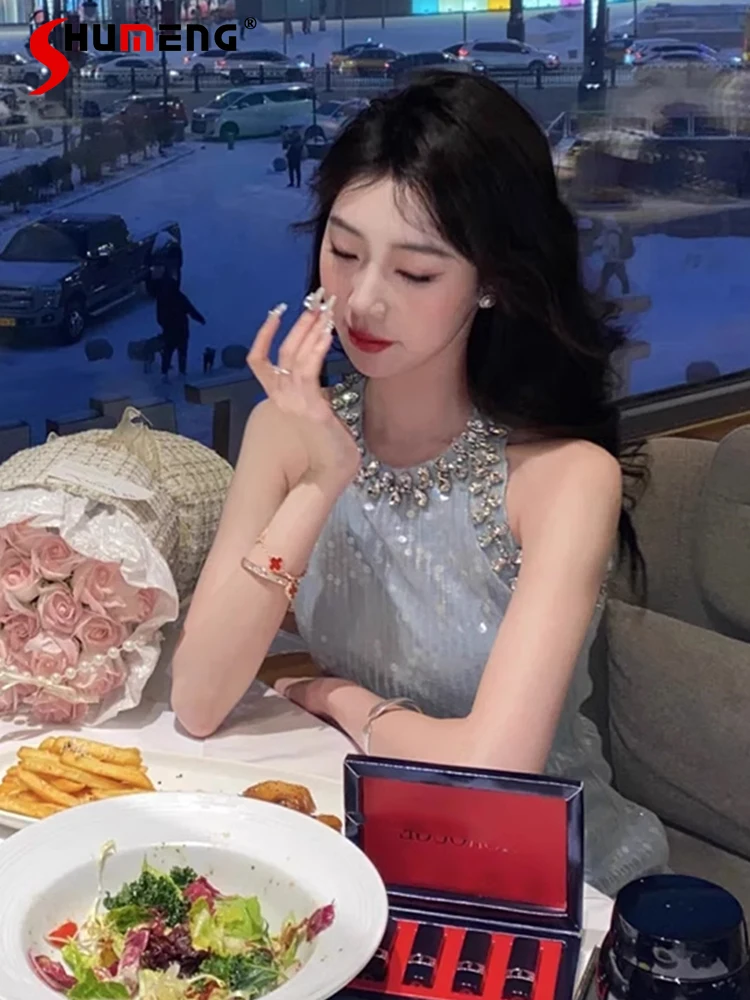 

Spring 2024 Rhinestone Beaded Sleeveless Dress Women High-End Fashionable Elegant Dresses Light Luxury Sequins Slim Fit Dress