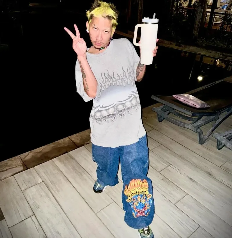 JNCO 빈티지 헐렁한 청바지, 힙합 그래픽 고스 청바지, 남성 여성 로우 라이즈 청바지, 패션 스트리트웨어, 하라주쿠 캐주얼 와이드 레그 팬츠