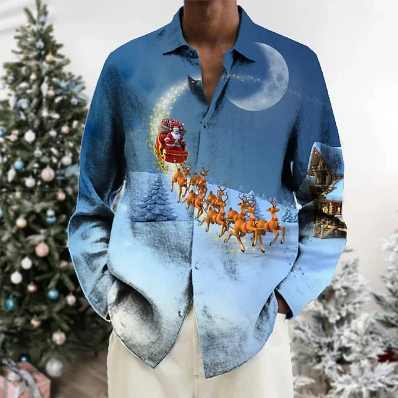 Christmas Shirts For Men Fashion Loose Lapel Button-Down Shirt 3d Santa Claus Graphic Long Sleeve Print T-Shirts Oversized Tops 3