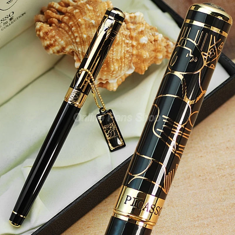 피카소 예술 패턴 금속 블랙 & 골든 만년필, F 펜촉, 0.5mm BF002