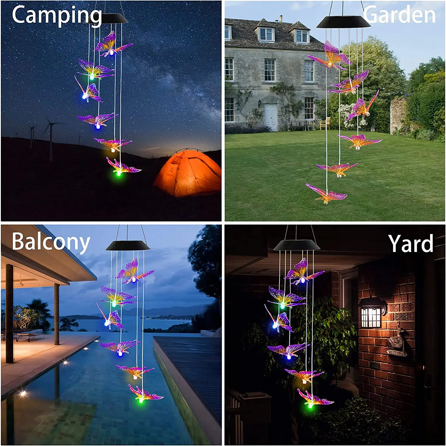 Wind Chime Solar Purple Yellow Butterfly Wind Chimes Outdoor Indoor Color Changing Light S Hook For Patio Deck Yard Garden Home