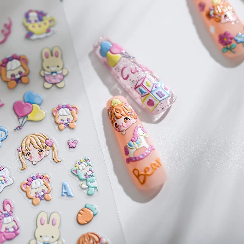 1 Sheet 5D Realistic Relief Funny Cute Bear Rabbit Party Girls Adhesive Nail Art Stickers Decals Manicure Accessories Charms 3