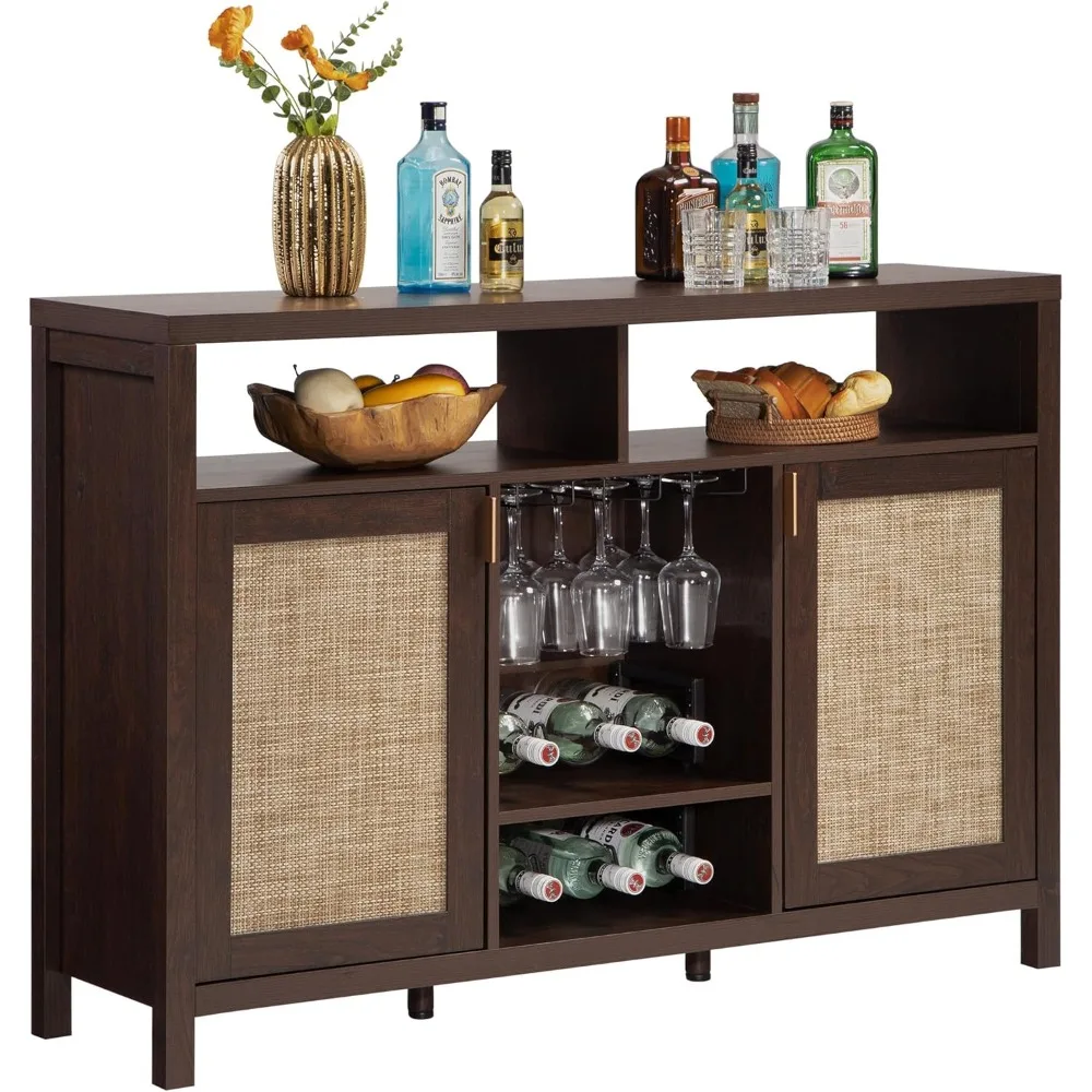 Rattan Coffee Bar Cabinet, 51" Sideboard Buffet Cabinet with Storage, Farmhouse Liquor Cabinet with Wine Racks Credenza Console