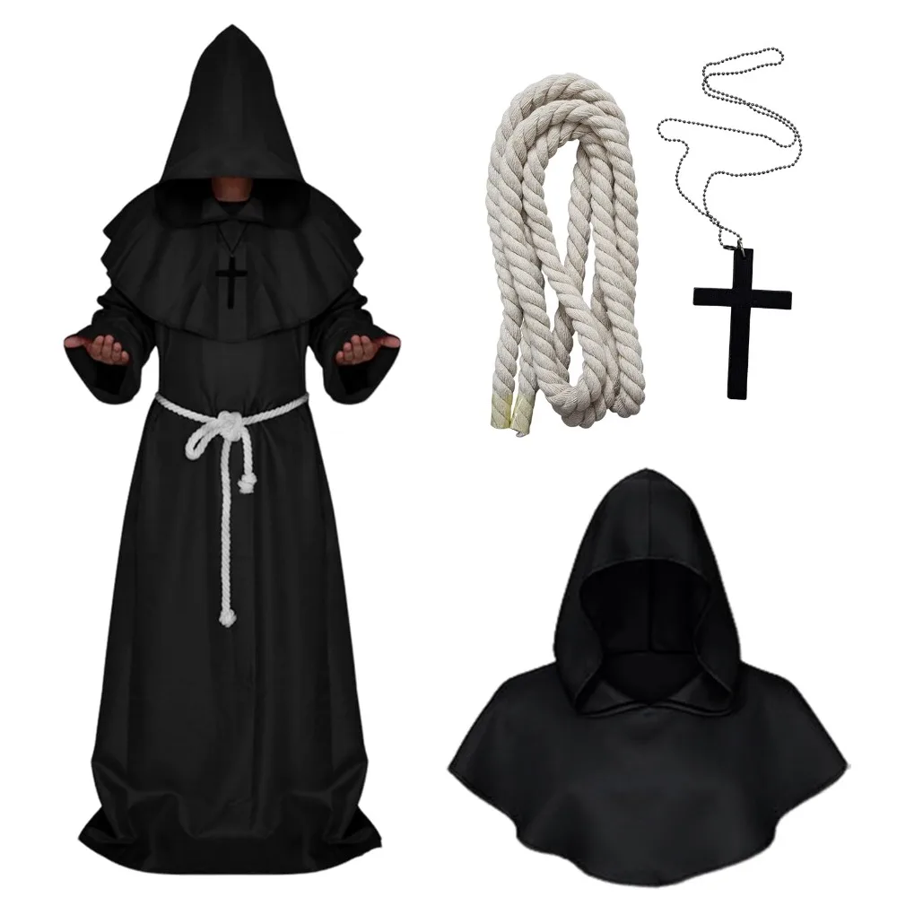 Costume De Moine Pour Halloween Homme | Robe Avec Capuche Et Collier Croix | Déguisement Adulte Médiéval Effrayant