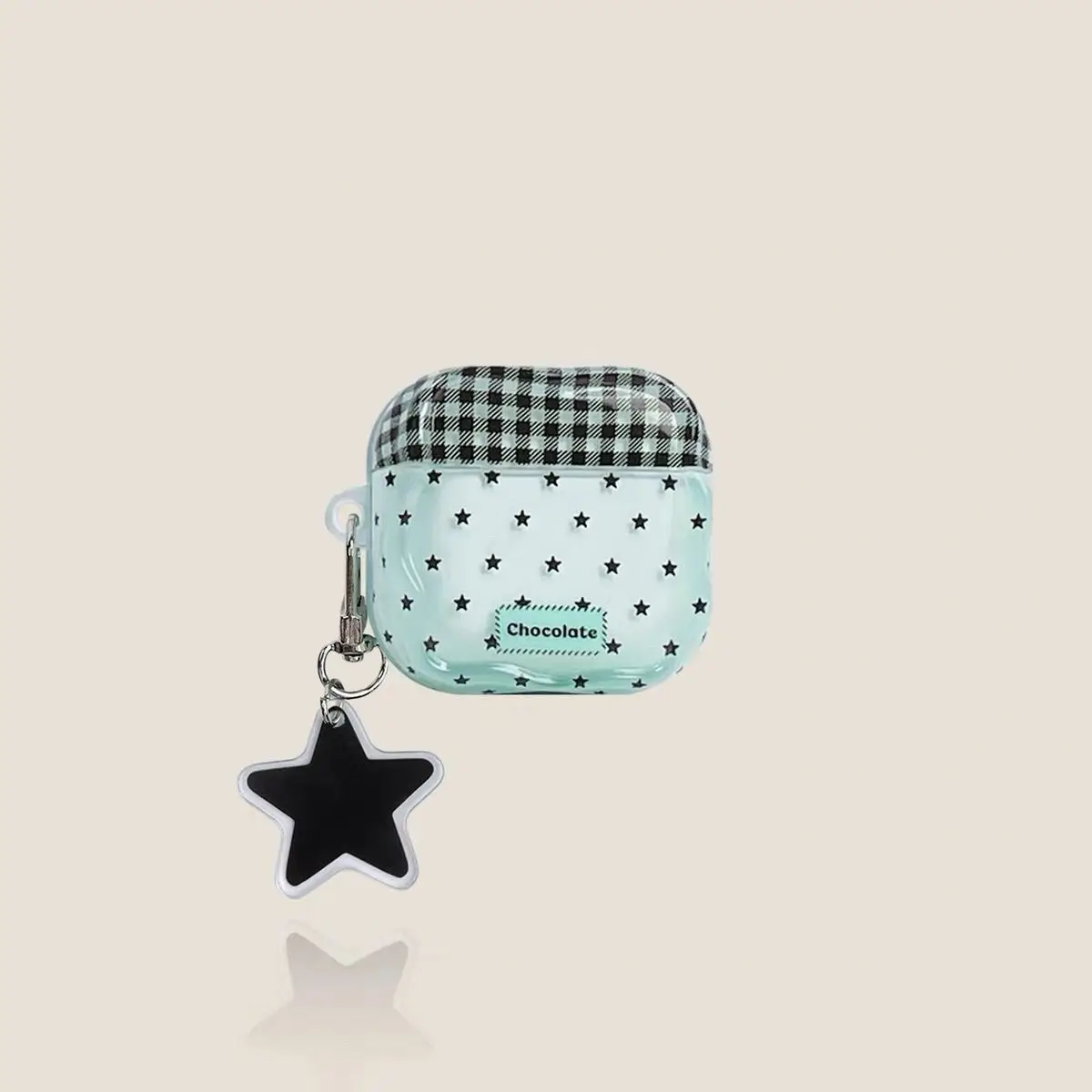 Plaid Transparent Soft Earphone Case with Cute Star Pendant - Anti-Fall Shockproof Protection Cover