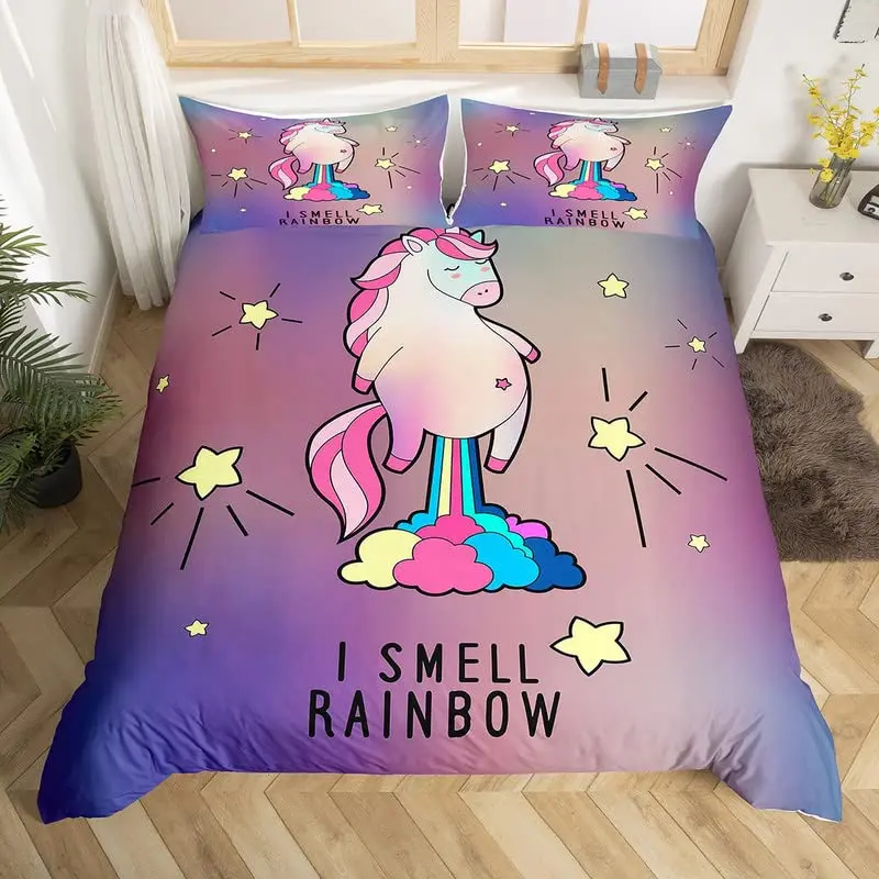 

Kids Unicorn Stars King Queen Duvet Cover Cartoon Magic Animal Bedding Set Rainbow Shiny Quilt Cover Polyester Comforter Cover