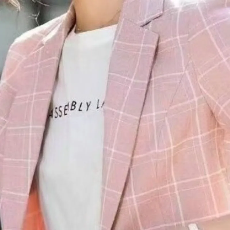 Spring and Autumn Women's Solid Color Suit Collar Pocket Button Plaid Slim Fit Long Sleeve Coat Fashion Elegant Casual Tops