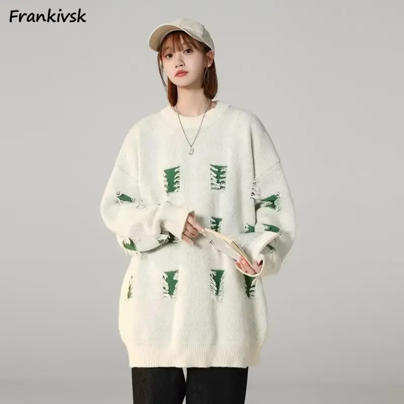 

Women Pullovers Baggy Frayed Contrast Color Round Neck Comfortable New Fashion All-match Harajuku Schoolgirl Aesthetic Knitwear