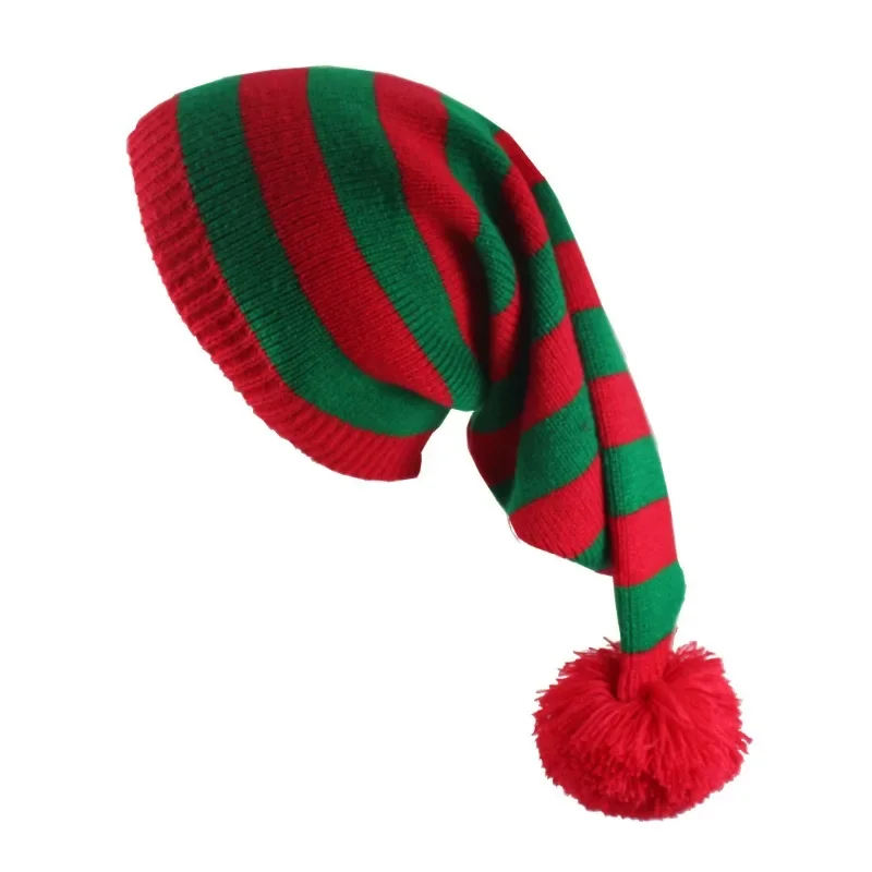Adult Stripe Long Christmas Hat Soft Red White Green Pom Pom Knitted Hats For Women Men Elastic Warm Beanie New Year Party Gift