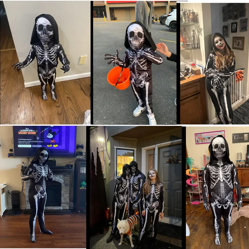 Scary Halloween Horror Kids Hooded Costume Scary Skeleton Grim Reaper Costume Boys Spooky Costume Mardi Gras Party Costume - Image 2