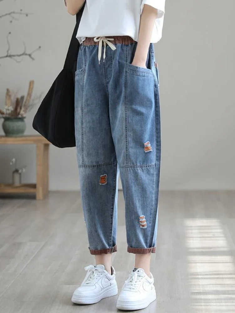 

Women Jeans Version Hole Elastic Waist Casual Haren Pants Ankle Length Trousers for Women High Waisted Baggy Ripped Denim B04