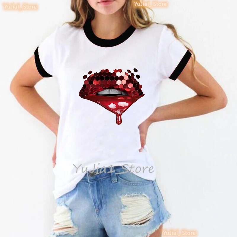 2024 heißer Verkauf Schwarz T Shirt Frauen Rosa Glitter Lippen Grafik Druck T-shirt Femme Luxuriöse Make-Up Sexy T-Shirt Haut Femme – Detail 17