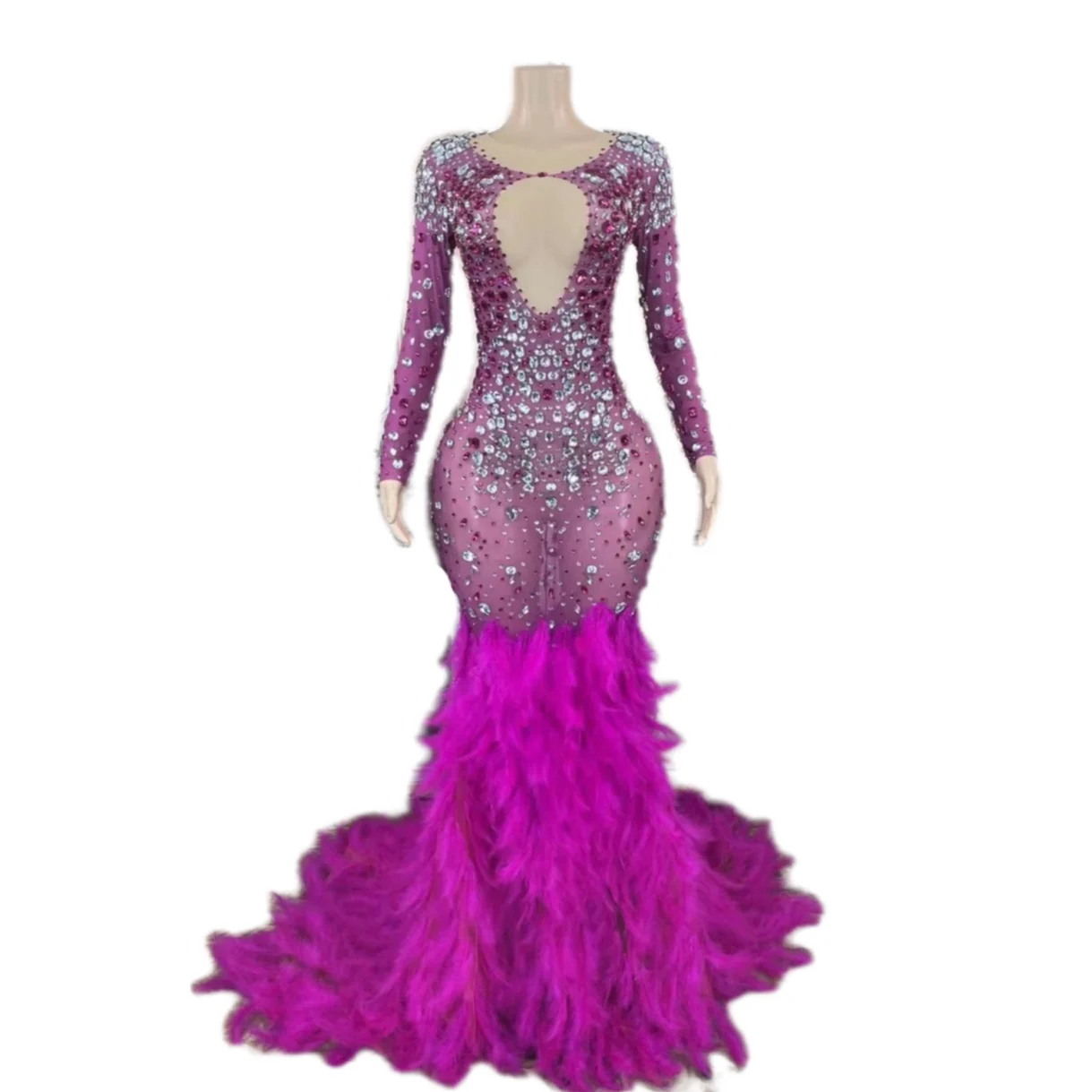 

New Shining Pearl Rhinestones Mesh Fabric Land Mass Fringed Dress Yellow Feather Evening Dress Women Bar Nightclub Style Dress