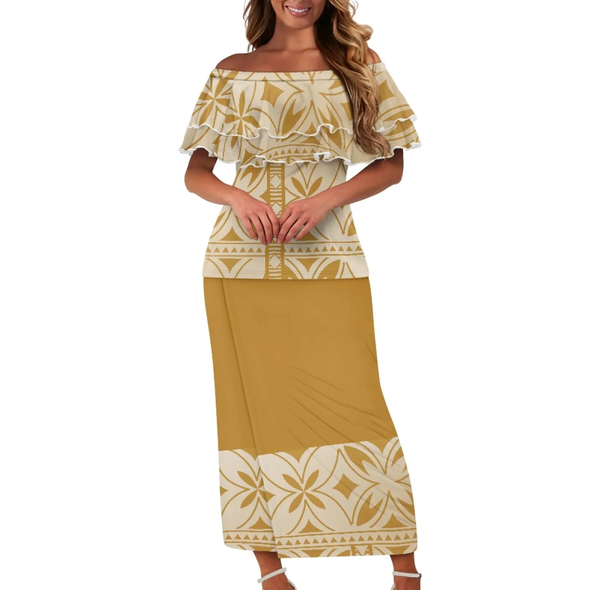 

Summer Island Women Puletasi Samoa Dresses Lady Off shoulder Ruffle Two Piece Set Polynesian Tribal Clothing Tropical Print