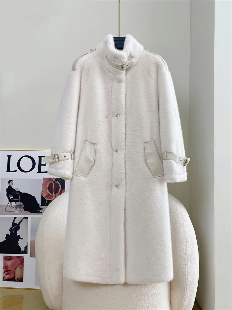 

RosEvans New Women Mink Fur Warm Long Coats Fashion Loose Stand Collar Single Breasted Thick Mink Fur Coat Fit Autumn Winter