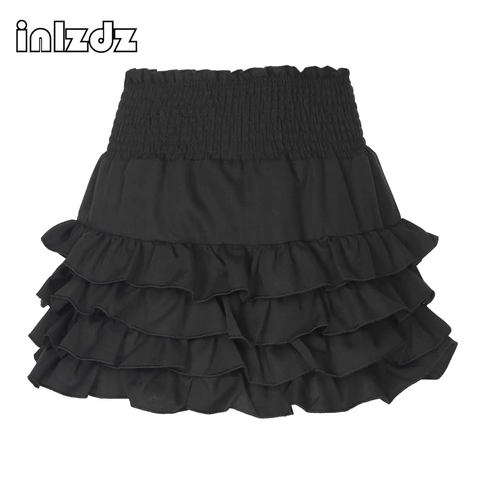 Womens Tiered Ruffles Skirt Casual Sold Color High Waist Wide Elastic Waistband Frilly Skirts Built-In Shorts Miniskirt