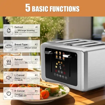4 Slice Toaster, Touchscreen & Dual Independent Control Panel，5 Basic Functions & Digital Countdown Toasters, 6 Shade Settings 3