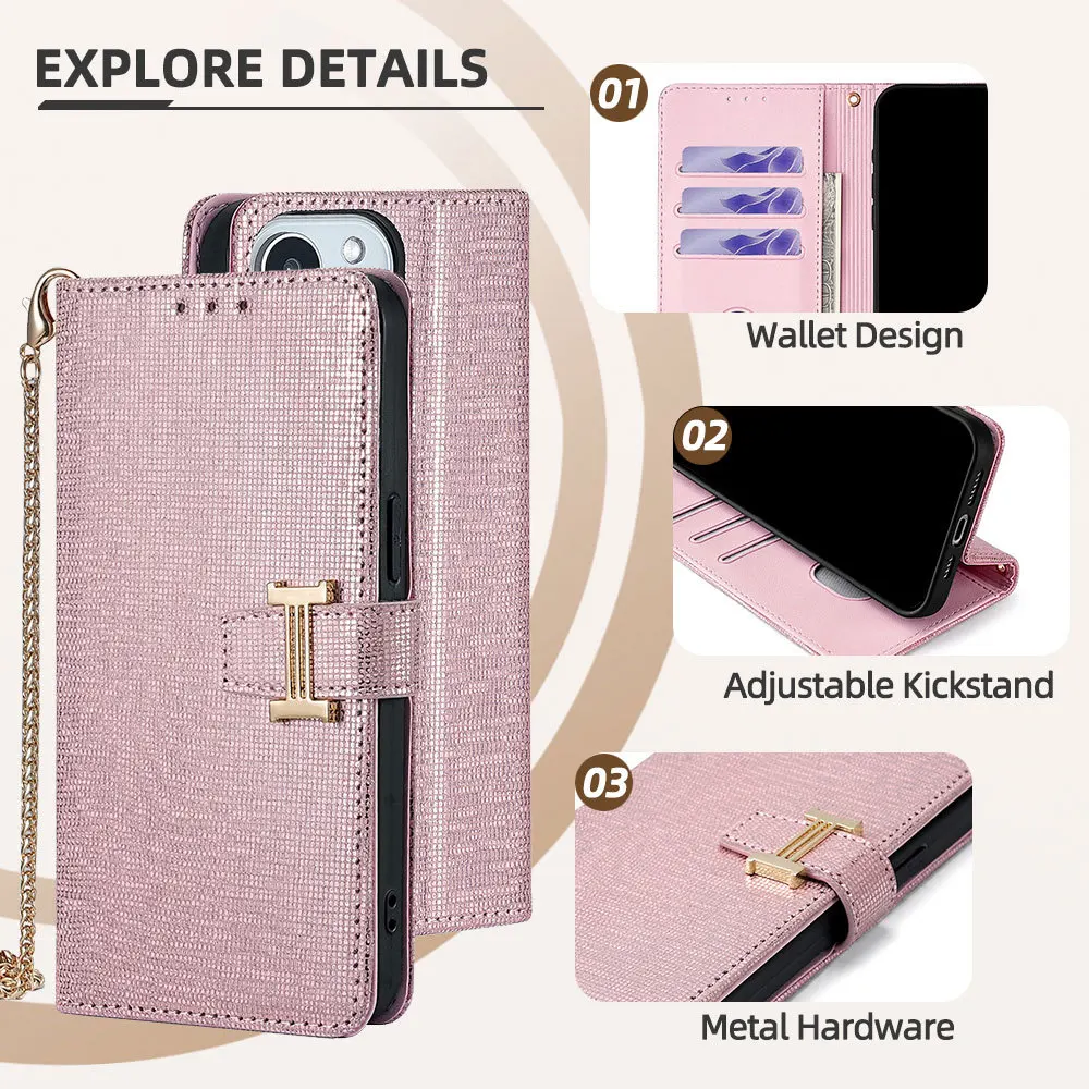 Luxurious Crossbody Leather Wallet Flip Case with Metal Shoulder Strap